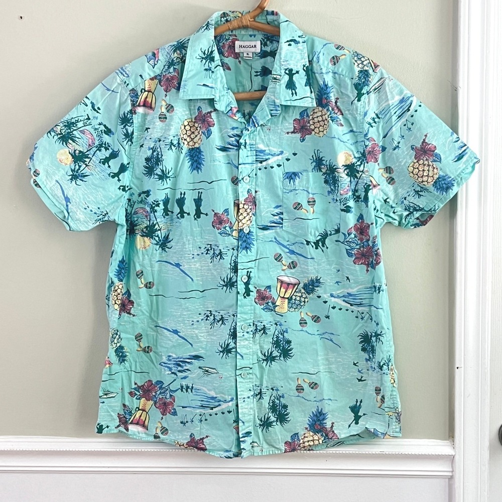 Mens XL Tropical Shirt Hawaiian Topsy Turvy Hula Girls Blue Camp Shirt Cruise